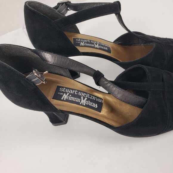 Stuart Weitzman Sz 7 Black TStrap Heels for Neiman Marcus Slits 3" Suede Shoes - Picture 11 of 16